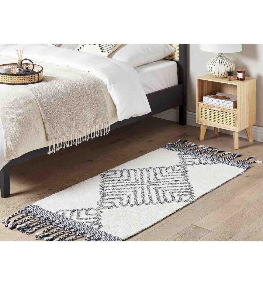Tapis Blanc et Noir en Coton 80 x 150 cm avec Glands Décoratifs Motif Géométrique Fait Main Style Boho Moderne Salon Chambre