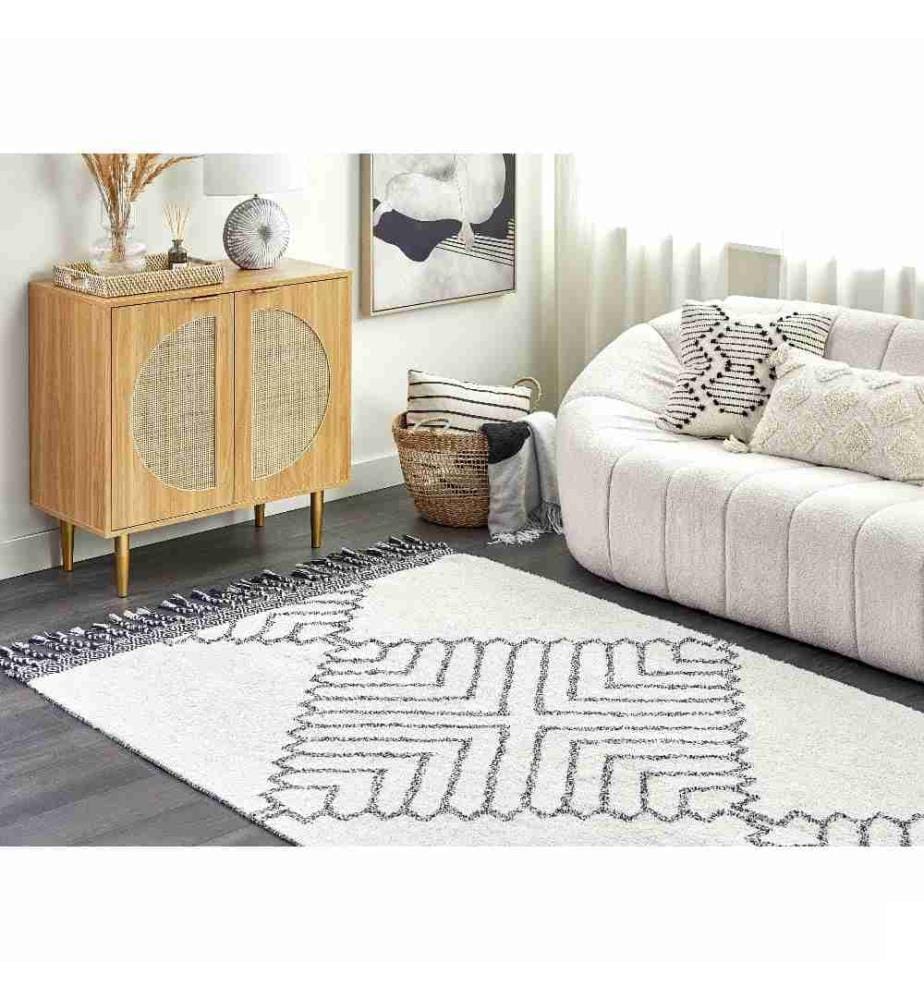 Tapis Blanc et Noir en Coton 140 x 200 cm avec Glands Décoratifs Motif Géométrique Fait Main Style Boho Moderne Salon Chambre