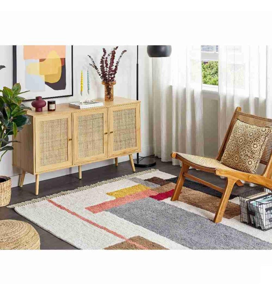 Tapis Multicolore en Coton 140 x 200 cm avec Franges et Glands Décoratifs Motif Géométrique Fait Main Style Boho Moderne Salon Chambre