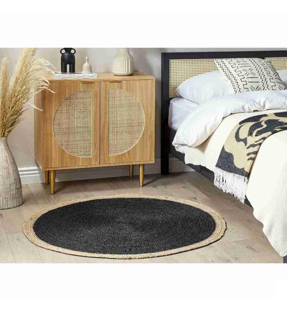 Tapis Rond en Jute Noir 120 cm Fait Main Tressé Décoration Accessoire Salon Chambre à Coucher Couloir Boho