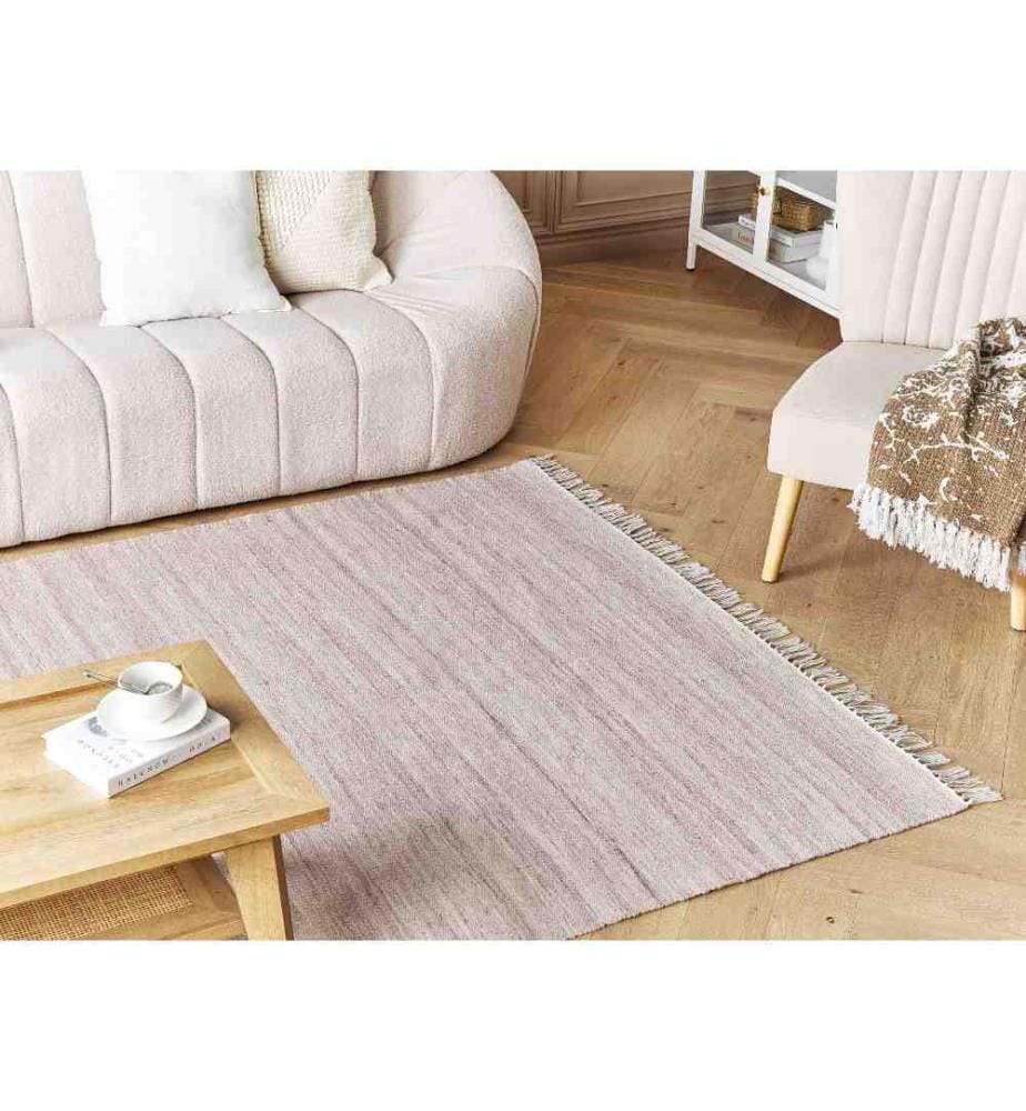Tapis Rouge Clair en Matière Synthétique 160 x 230 cm Fait à la Main avec Franges Rectangulaire à Poil Ras à Partir de Matériaux Recyclés