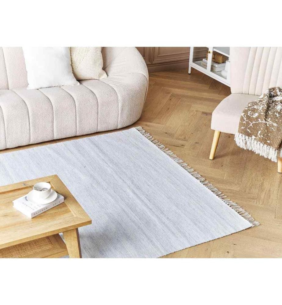 Tapis Bleu Clair en Matière Synthétique 160 x 230 cm Fait à la Main avec Franges Rectangulaire à Poil Ras à Partir de Matériaux Recyclés