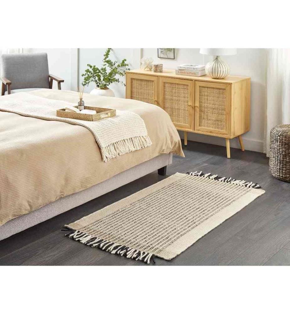 Tapis Beige et Noir en Laine 80 x 150 cm à Franges Décoratives de Style Scandinave Accessoire Déco Moderne pour Salon