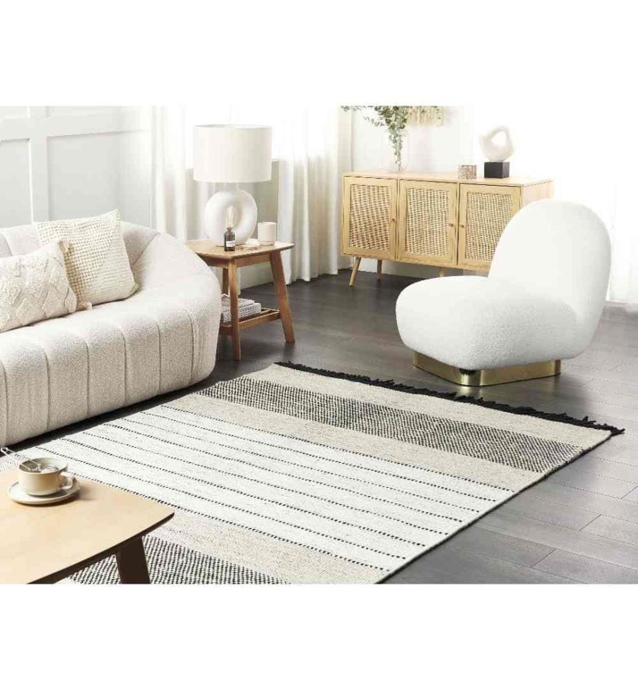 Tapis Beige et Noir en Laine 140 x 200 cm à Franges Décoratives de Style Scandinave Accessoire Déco Moderne pour Salon
