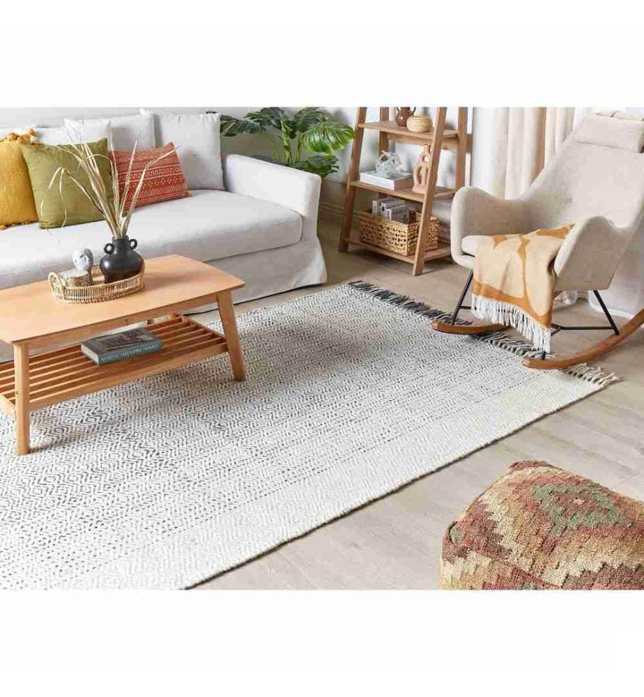 Tapis Blanc et Gris en Laine 140 x 200 cm Fait Main avec Franges Classique à Poils Ras Facile à Entretenir pour Salon Chambre