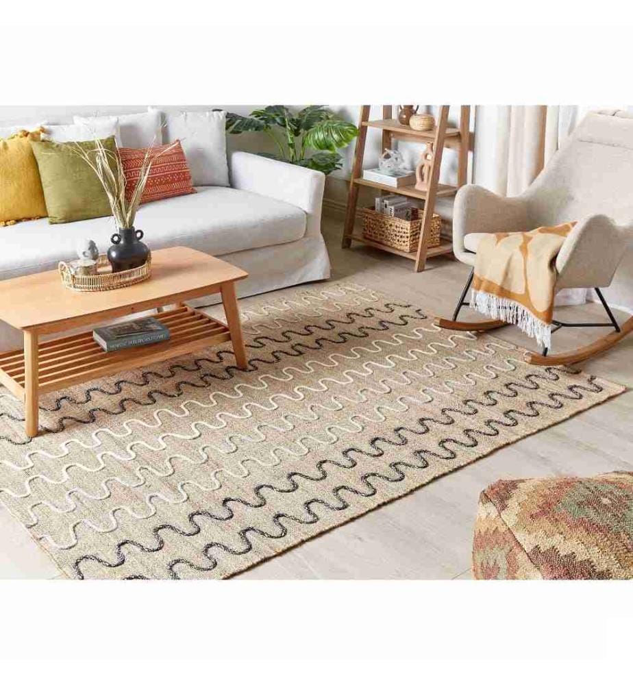Tapis Beige en Jute Laine et Coton 140 x 200 cm Fait à la Main avec Motif Zigzag à Poils Ras Facile à Entretenir pour Salon Chambre