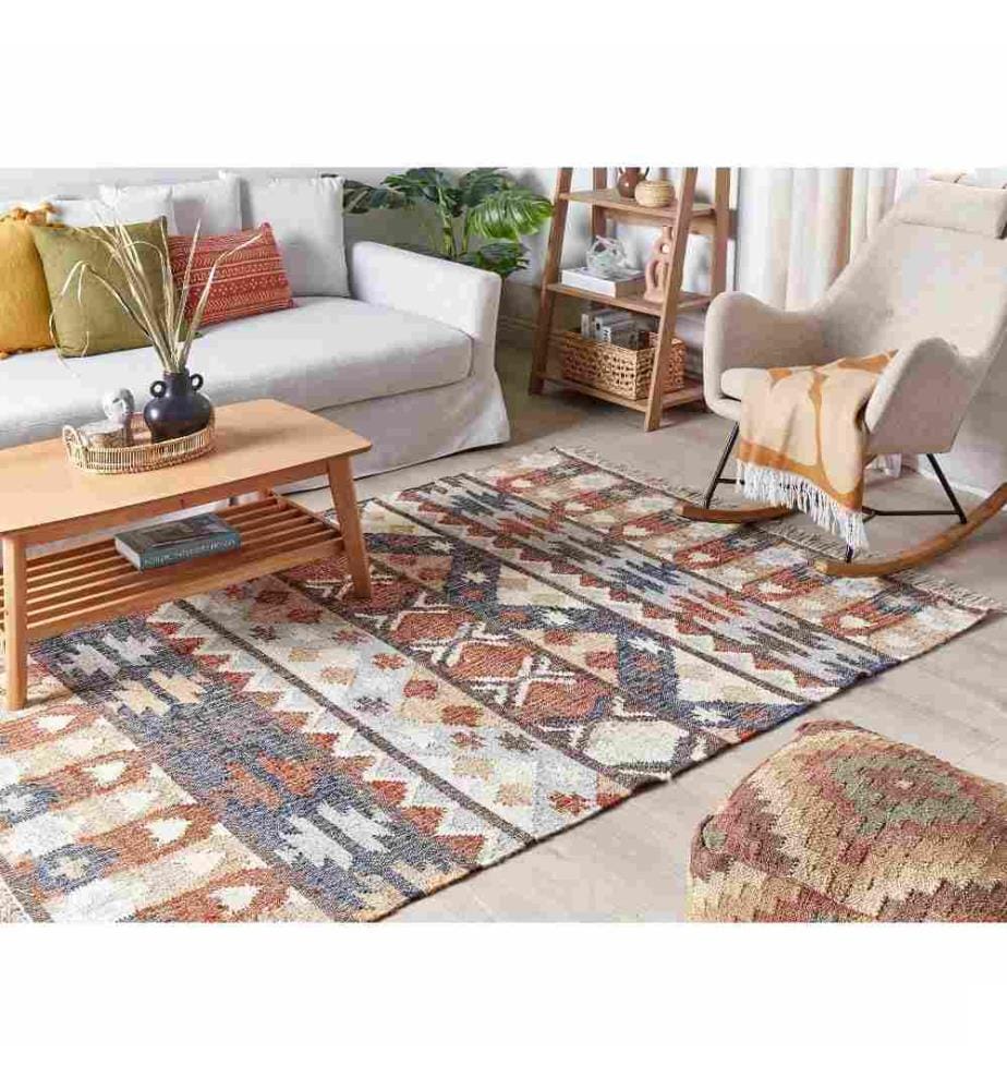 Tapis Multicolore en Jute 160 x 230 cm à Franges Fait à la Main Style Bohème à Motif Géométrique pour Salon Chambre