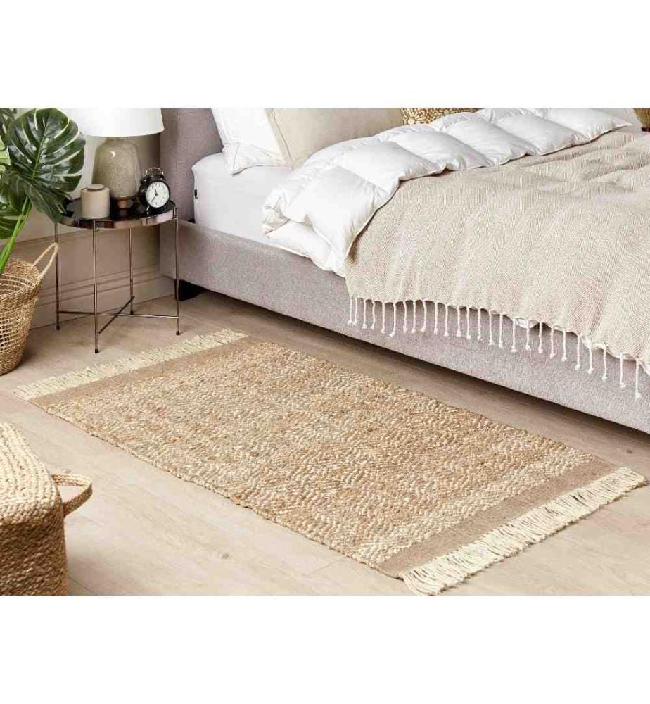 Tapis Beige en Jute 80 x 150 cm Moderne Fait Main à Franges Rustique Ras Solution Parfaite pour la Chambre et le Salon