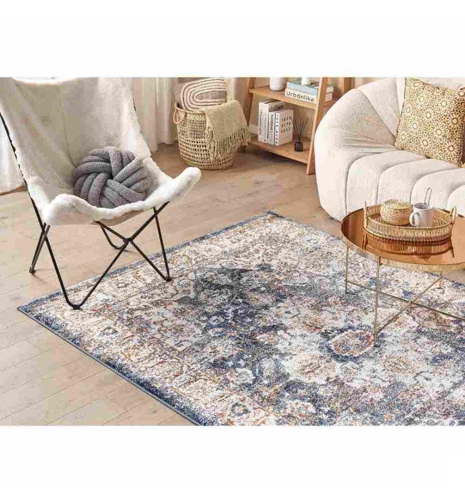 Tapis Beige et Bleu en Polyester 200 x 300 cm à Motif Oriental Vintage Convient au Chauffage par le Sol Haut Qualité Poil Ras