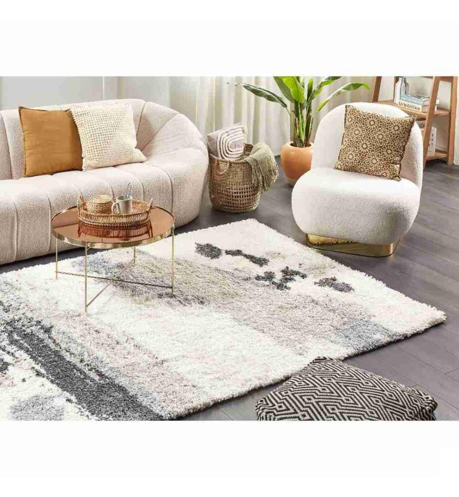 Tapis Blanc et Gris en Polypropylène 160 x 230 cm à Motif Abstrait Poil Long Très Doux Léger et Robuste pour Chambre et Salon