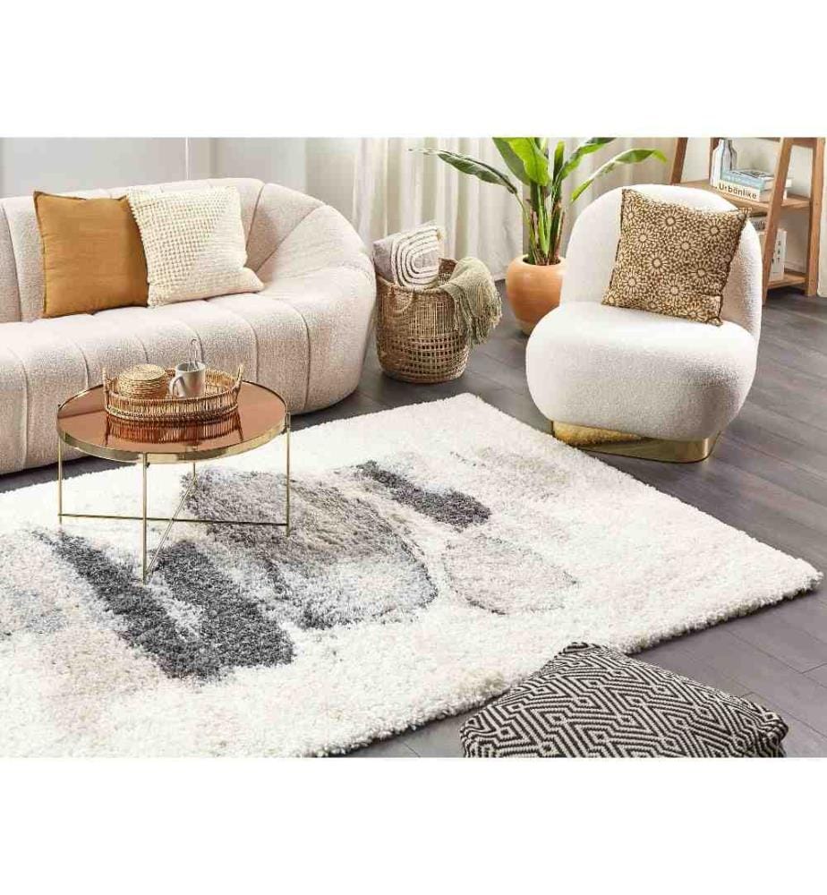 Tapis Blanc et Gris en Polypropylène 200 x 300 cm à Motif Abstrait Poil Long Très Doux Léger et Robuste pour Chambre et Salon