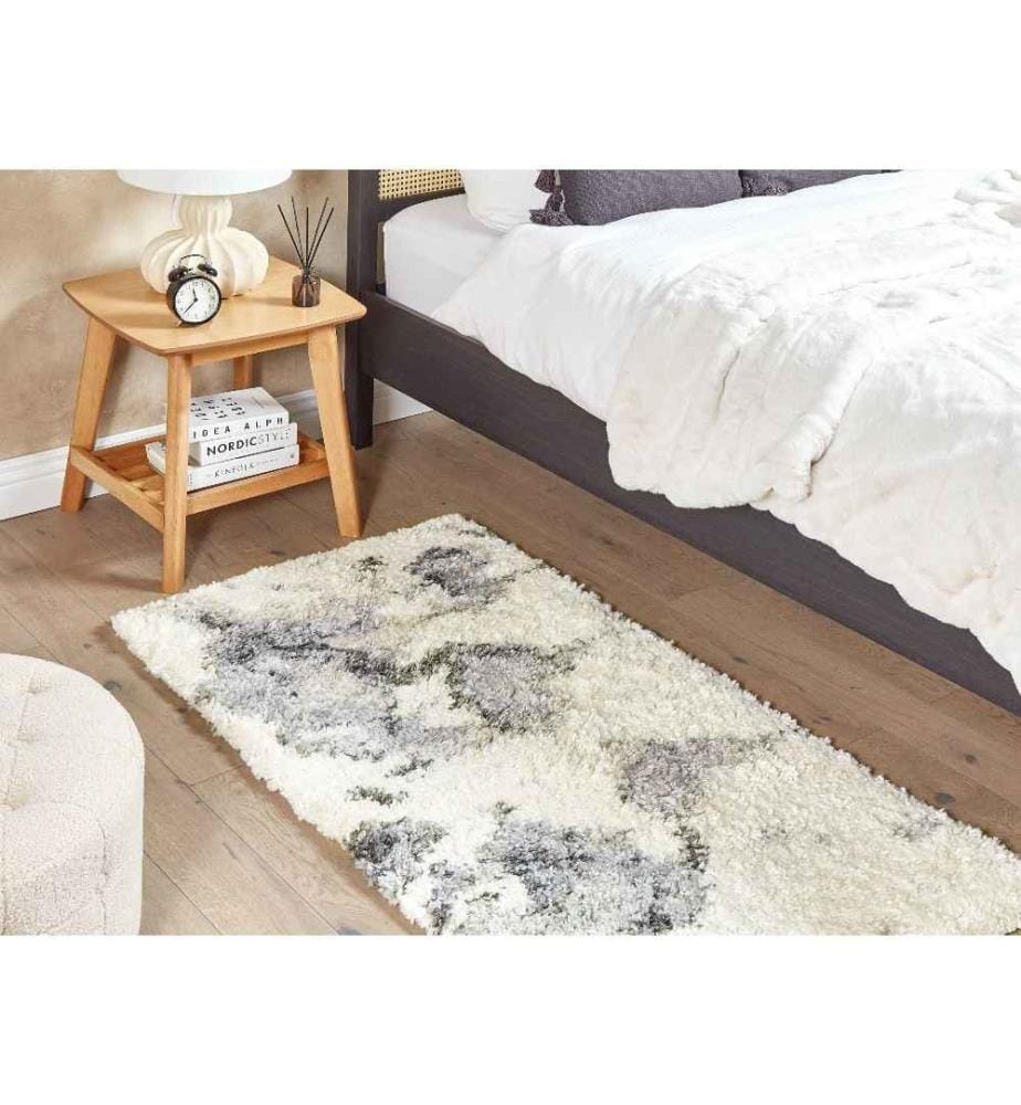Tapis Blanc et Gris en Polyester 80 x 150 cm à Motif Abstrait Poils Longs Moderne Chaleureux Inspiration Carte du Monde pour Salon ou Chambre