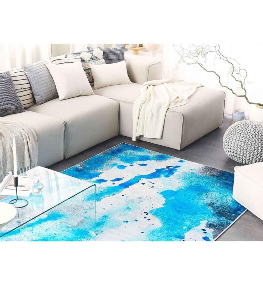 Tapis Rectangulaire Bleu en Polyester Motif Tâches pour Chambre ou Salon Contemporain 160 x 230 cm