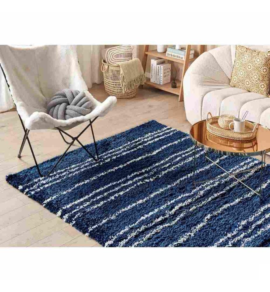 Tapis Blanc et Bleu en Polypropylène 160 x 230 cm à Motif Rayures Poil Long Très Doux Léger et Robuste pour Chambre et Salon