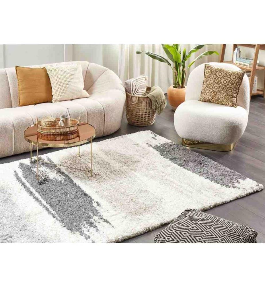 Tapis Blanc et Gris en Polypropylène 200 x 300 cm à Motif Abstrait Poil Long Très Doux Léger et Robuste pour Chambre et Salon