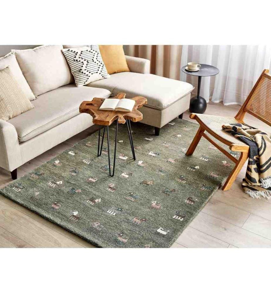 Tapis Vert en Laine 140 x 200 cm Rectangulaire Motif Animaux Touffeté à la main Style Boho Salon Chambre Traditionnel