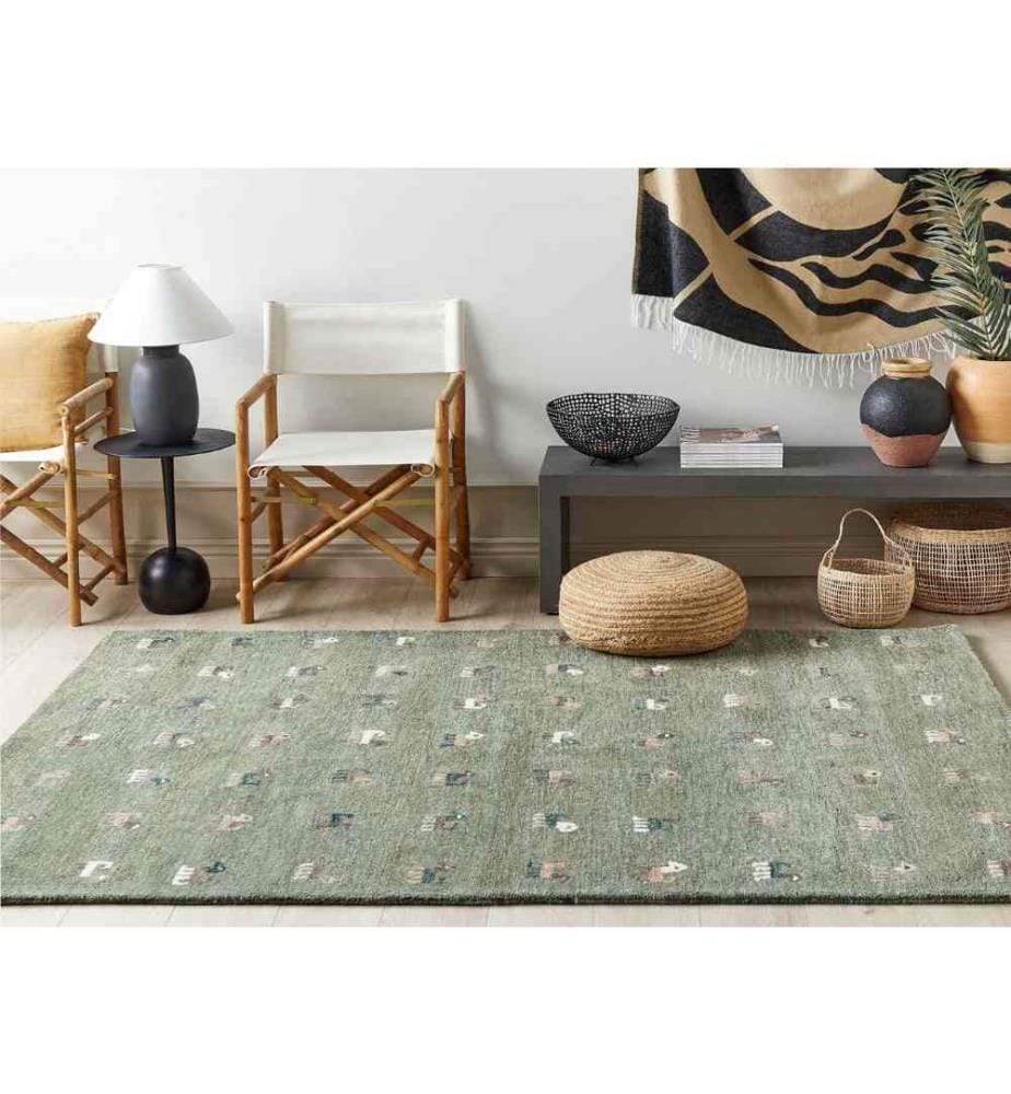 Tapis Vert en Laine 160 x 230 cm Rectangulaire Motif Animaux Touffeté à la main Style Boho Salon Chambre Traditionnel