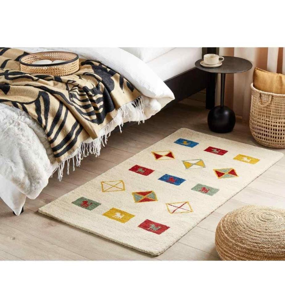 Tapis Beige en Laine 80 x 150 cm Rectangulaire Motif Animalier Touffeté à la main Style Boho Salon Chambre Traditionnel