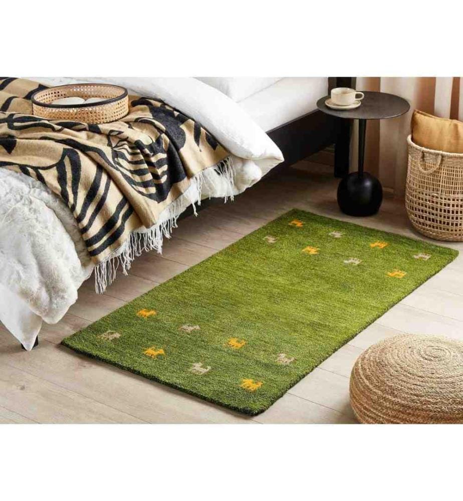 Tapis de Laine Vert 80 x 150 cm Touffeté à la Main Motif Animalier Design Rustique et Moderne