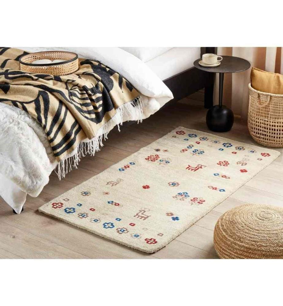 Tapis Beige en Laine 80 x 150 cm Rectangulaire Motif Animalier Ludique Touffeté à la main Style Bohème Salon Chambre Traditionnel