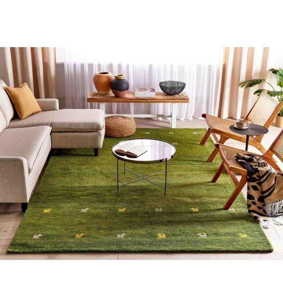 Tapis Verte de Laine 200 x 300 cm Touffeté à la Main avec Motif Animalier Design Rustique et Moelleux pour Chambre ou Salon