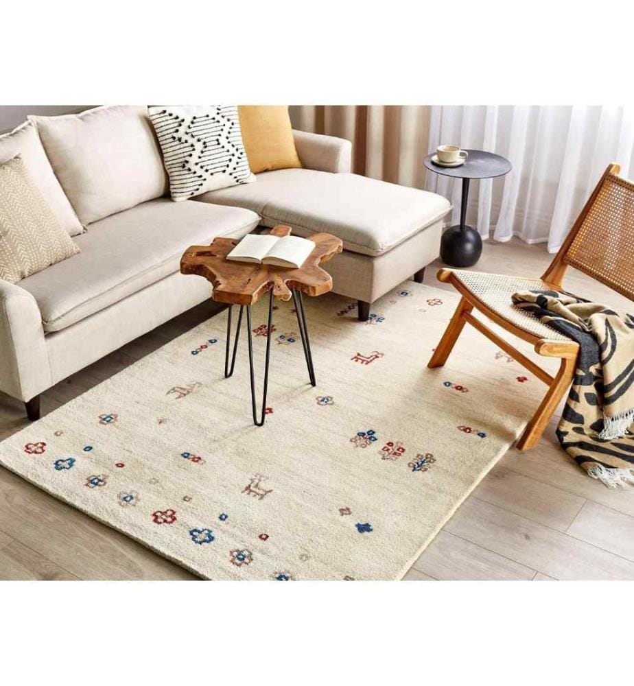Tapis Beige en Laine 160 x 230 cm Rectangulaire Motif Animalier Ludique Touffeté à la main Style Bohème Salon Chambre Traditionnel