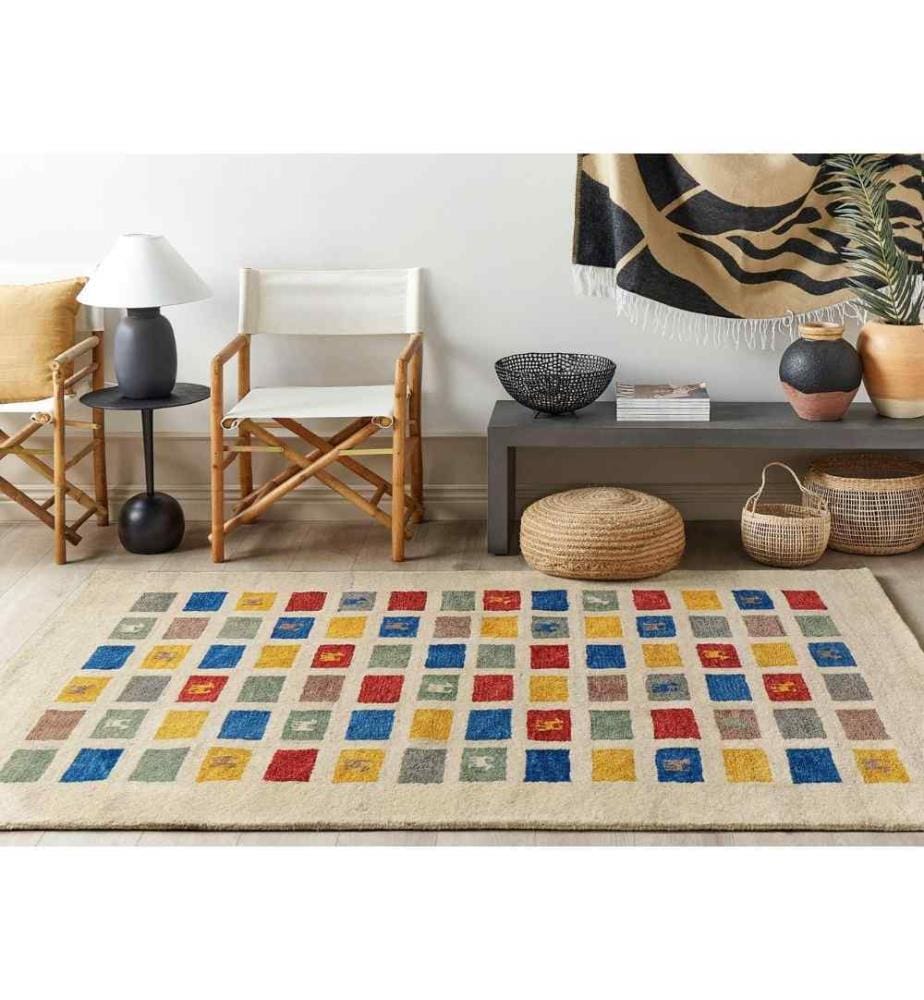 Tapis Multicolore en Laine 160 x 230 cm à Motif Carrés et Animaux Fait Main Convient au Chauffage par le Sol pour Chambre ou Salon