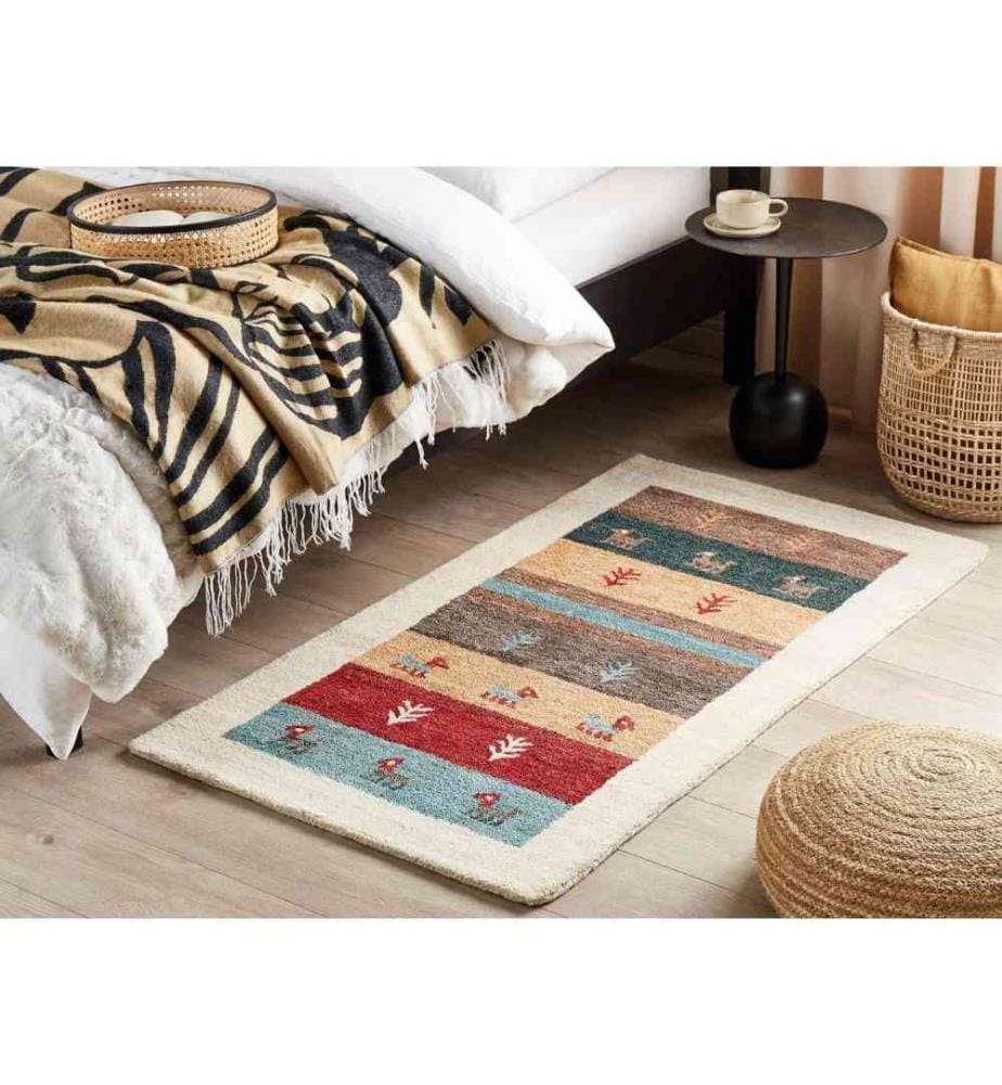 Tapis Multicolore en Laine 80 x 150 cm à Motif Animaux et Plantes Fait Main Convient au Chauffage par le Sol pour Chambre ou Salon