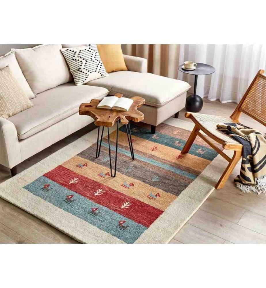 Tapis Multicolore en Laine 140 x 200 cm à Motif Animaux et Plantes Fait Main Convient au Chauffage par le Sol pour Chambre ou Salon