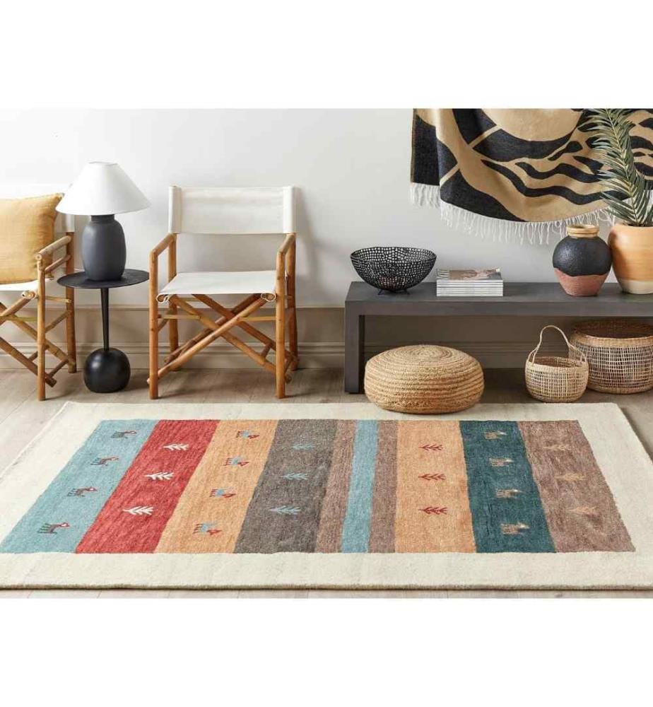 Tapis Multicolore en Laine 160 x 230 cm à Motif Animaux et Plantes Fait Main Convient au Chauffage par le Sol pour Chambre ou Salon