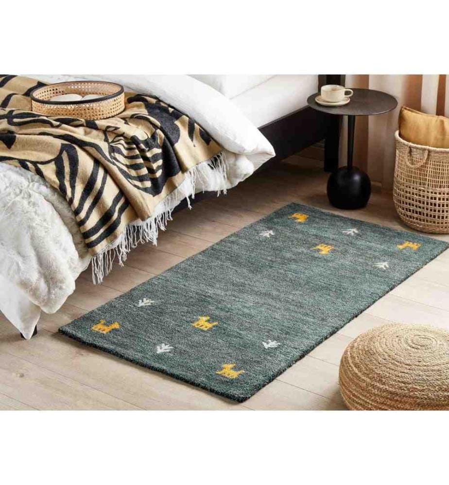 Tapis en Laine Vert 80 x 150 cm Touffeté Fait Main Motif Animalier Design Rustique et Moderne