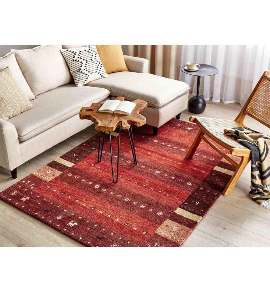 Tapis Rouge en Laine 140 x 200 cm à Motif de Fêtes Fait Main Chaleureux Convient au Chauffage par le Sol pour Chambre ou Salon