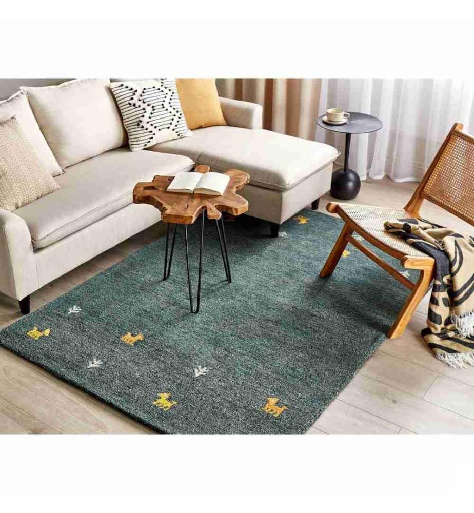 Tapis en Laine Vert 140 x 200 cm Touffeté Fait Main Motif Animalier Design Rustique et Moderne