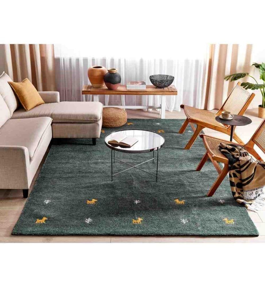 Tapis en Laine Vert 200 x 300 cm Touffeté Fait Main Motif Animalier Design Rustique et Moderne