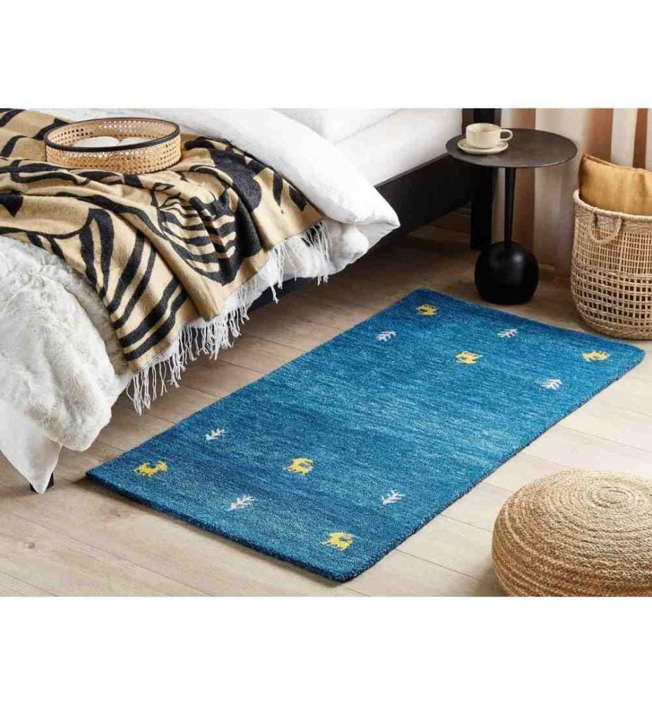 Tapis en Laine Bleu 80 x 150 cm Touffeté Fait Main Motif Animalier Design Rustique et Moderne