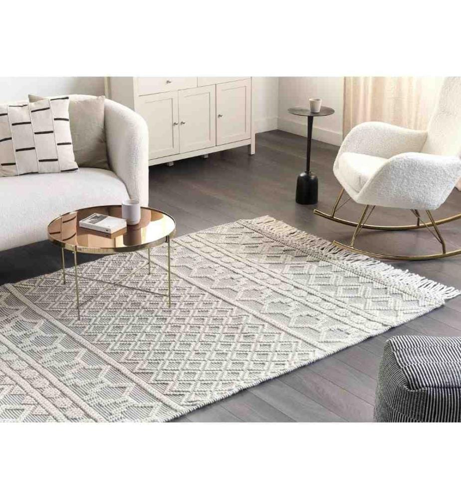 Tapis Beige et Gris en Laine 160 x 230 cm Fait à la Main Motif Géométrique Texturé avec Pompons Design Moderne et Bohème