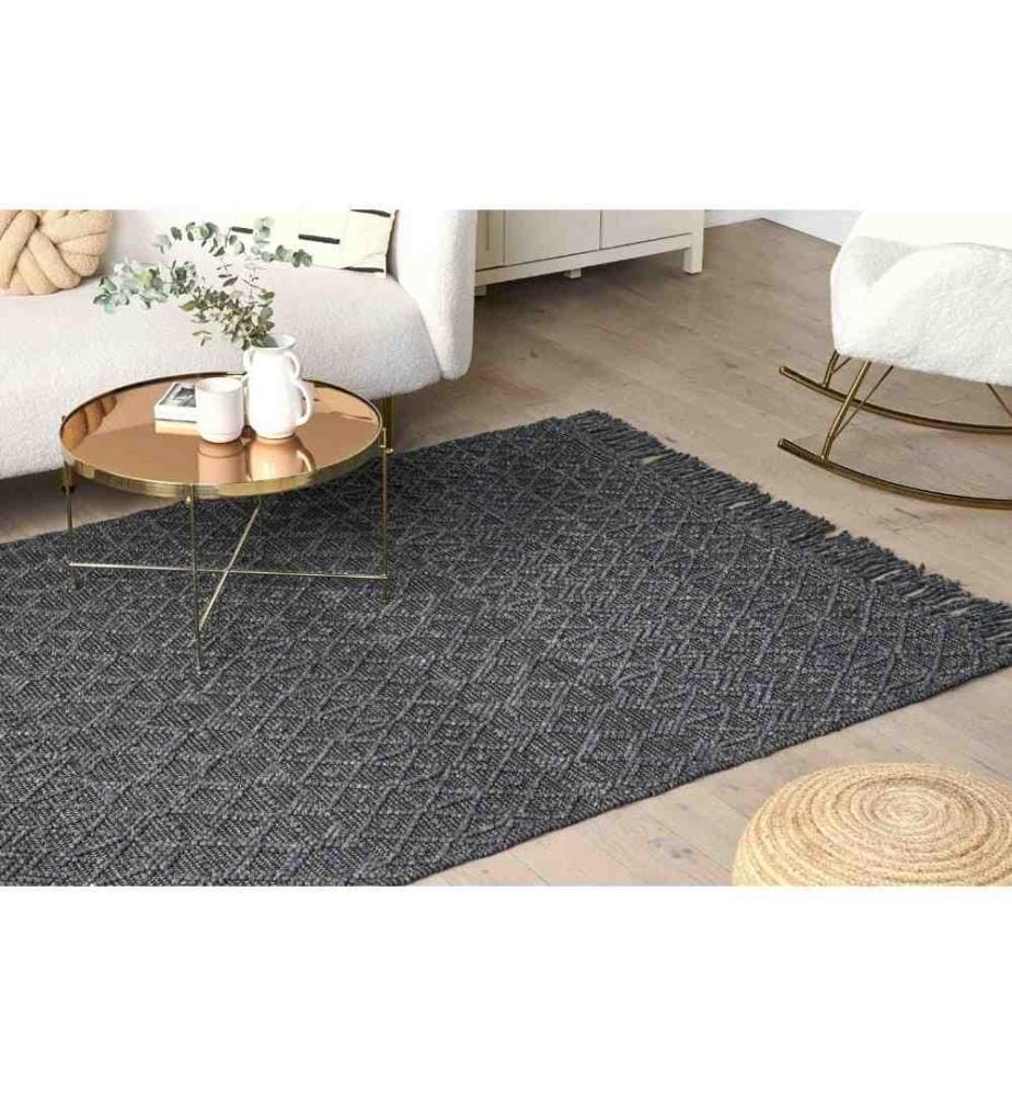 Tapis Noir en Laine et Polyester 160 x 230 cm Motif Géométrique Fait Main et Franges Décoratives Inspiration Boho Moderne