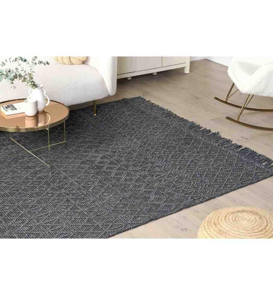 Tapis Noir en Laine et Polyester 200 x 300 cm Motif Géométrique Fait Main et Franges Décoratives Inspiration Boho Moderne
