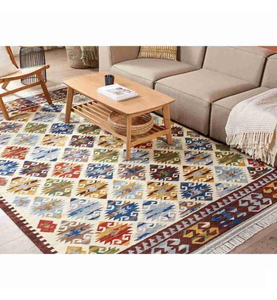 Tapis Kilim Multicolore en Laine 200 x 300 cm avec Franges Oriental Fait Main Style Bohème Motif Géométrique Unique