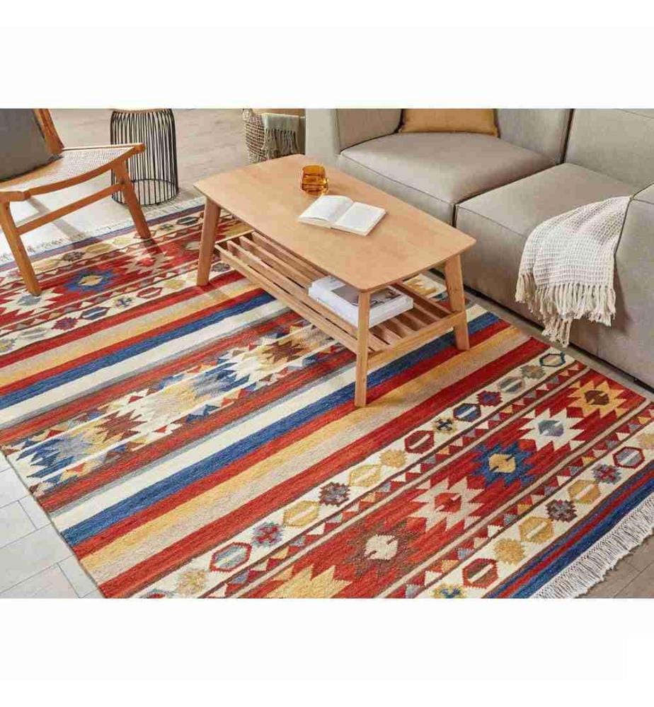 Tapis Kilim Multicolore en Laine 160 x 230 cm avec Franges Oriental Fait Main Style Bohème Motif Géométrique Unique