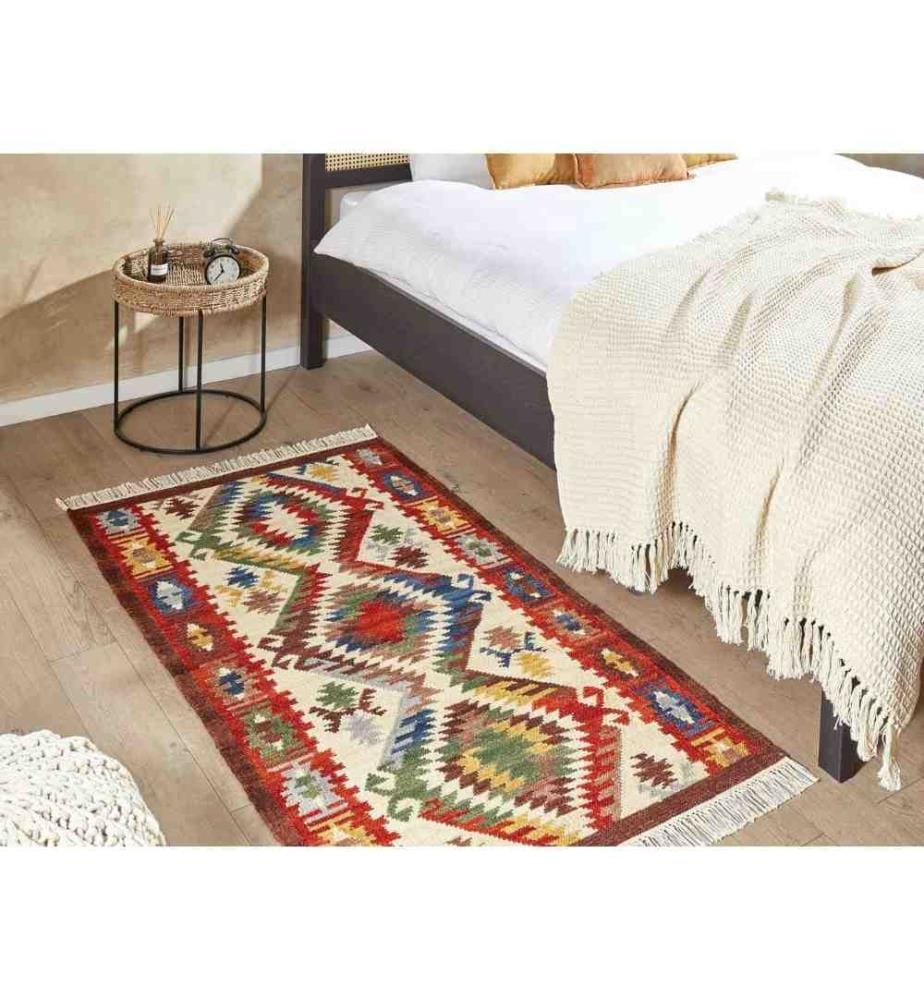 Tapis Kilim Multicolore en Laine et Coton 80 x 150 cm avec Franges Oriental Fait Main Style Bohème Motif Géométrique Unique