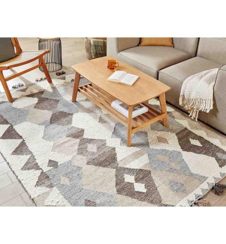 Tapis Kilim Multicolore Laine et Coton 160 x 230 cm Tissé Main Motif Géométrique Patchwork Boho avec Pompons