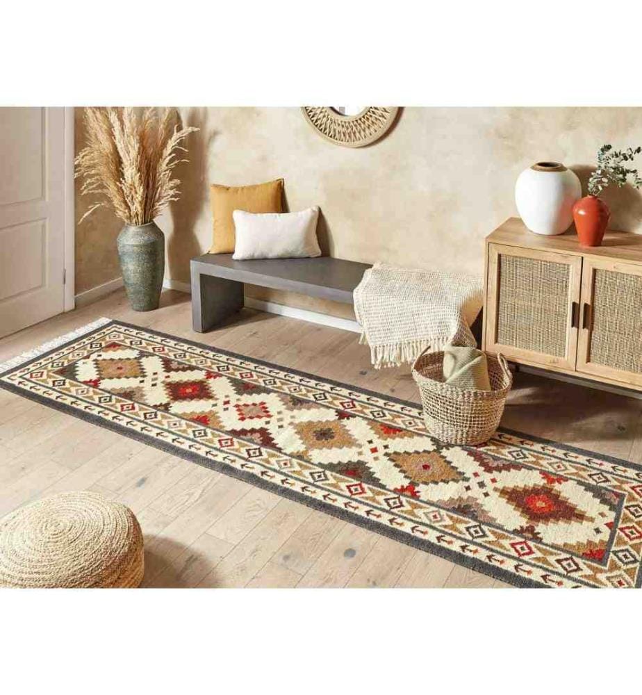 Tapis Kilim Multicolore en Laine 80 x 300 cm avec Franges Oriental Fait Main Style Bohème Motif Géométrique Unique