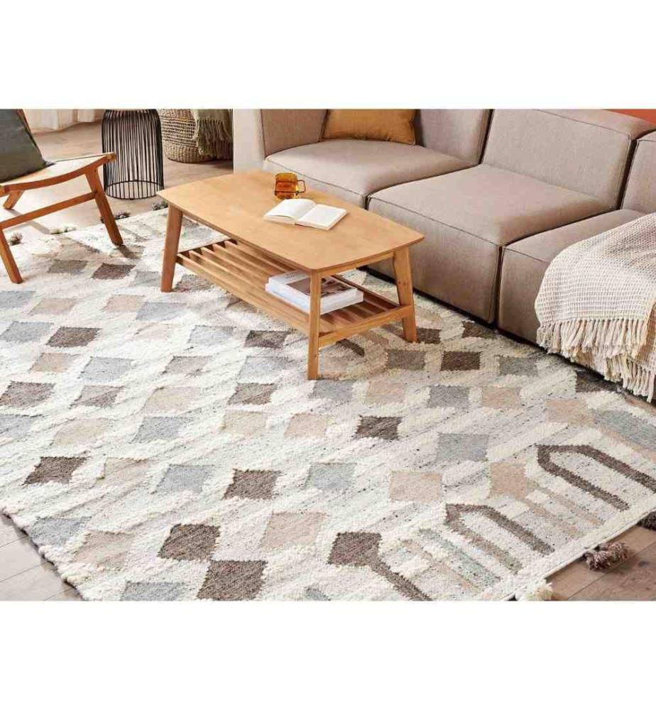 Tapis Kilim Multicolore Laine et Coton 200 x 300 cm Tissé à la Main Motif Patchwork Géométrique avec Pompons
