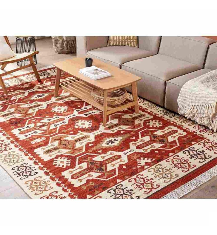 Tapis Kilim Multicolore en Laine et Coton 200 x 300 cm avec Franges Oriental Fait Main Style Bohème Motif Géométrique Unique