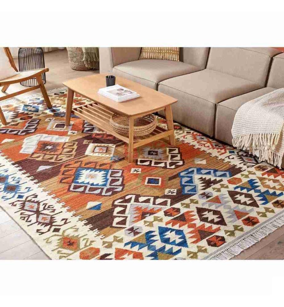 Tapis Kilim Multicolore en Laine et Coton 200 x 300 cm avec Franges Oriental Fait Main Style Bohème Motif Géométrique Unique