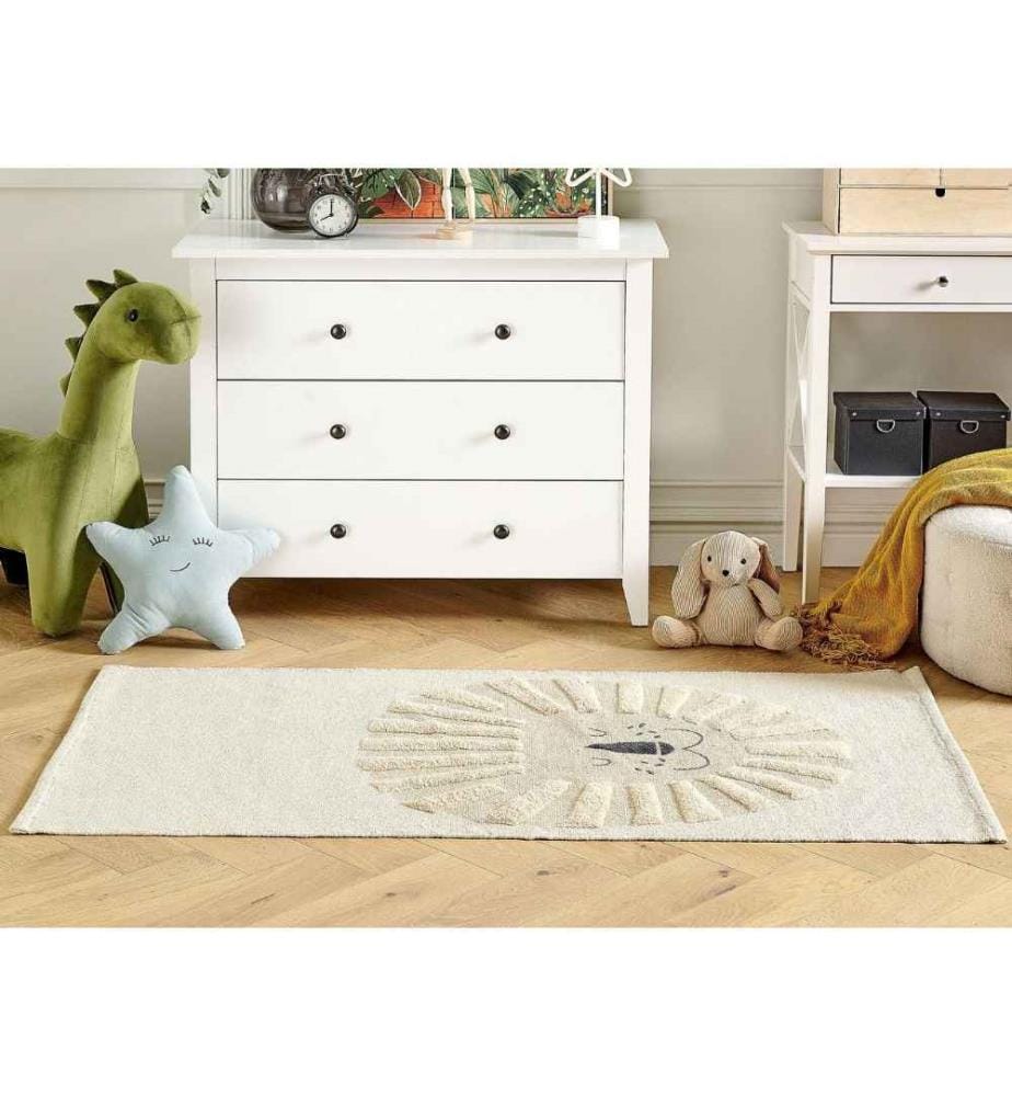 Tapis d'enfant beige 80 x 150 cm en coton avec motif de lion, tissé à la main, tapis de jeu