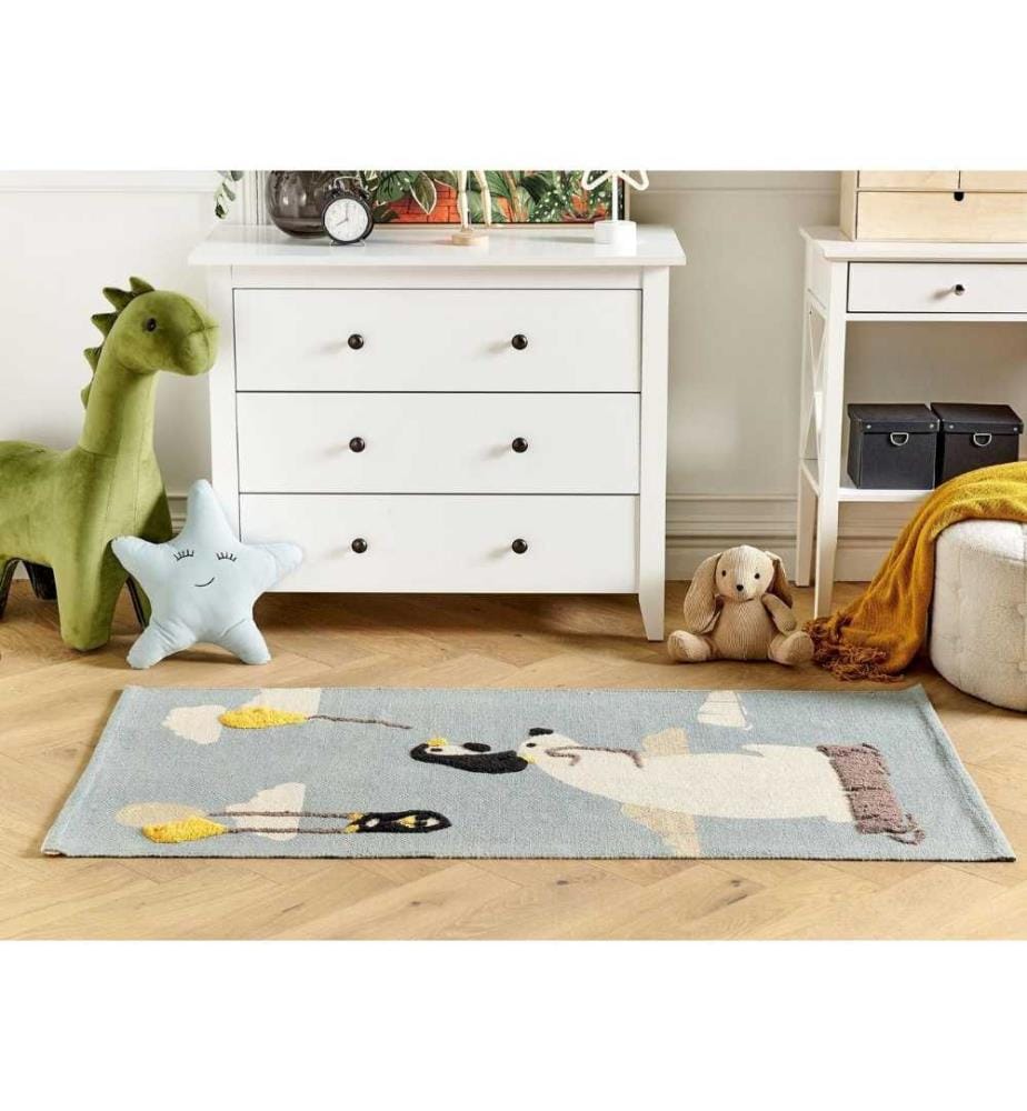 Tapis pour enfants bleu en coton 80 x 150 cm motif ours polaire pingouin pour la chambre d'enfants Tapis de jeu pour enfants
