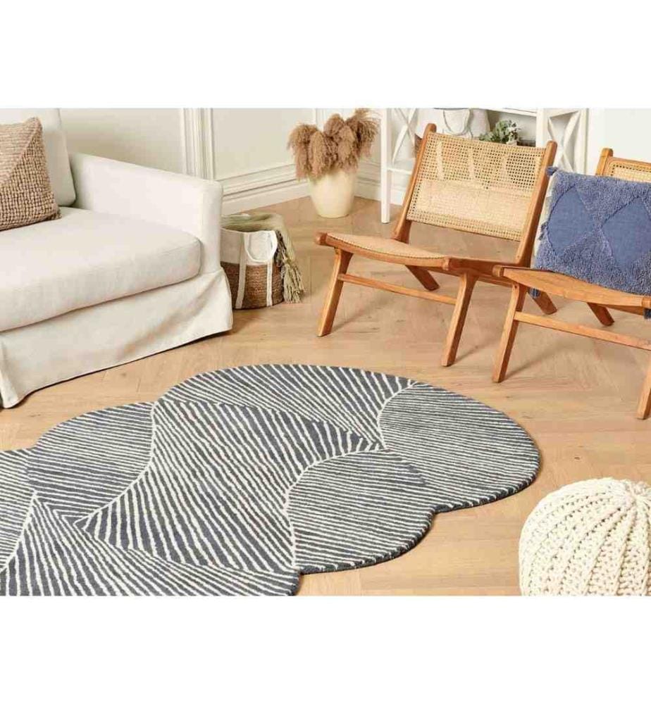 Tapis Beige et Bleu Laine Coton 140 x 200 cm Ovale Touffeté main Floor Bas Rayé
