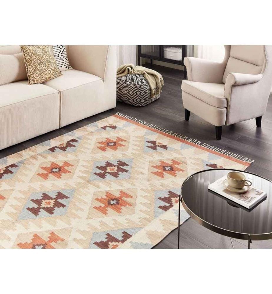 Tapis Kilim Multicolore en Coton 160 x 230 cm Poils Ras Motif Géométrique Réversible Rectangulaire Traditionnel